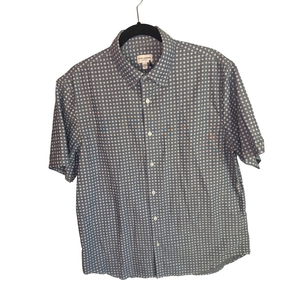 CLUB MONACO SLIM FIT Mens Short Sleeve Button Up Shirt Blue Geometric‎ Print L